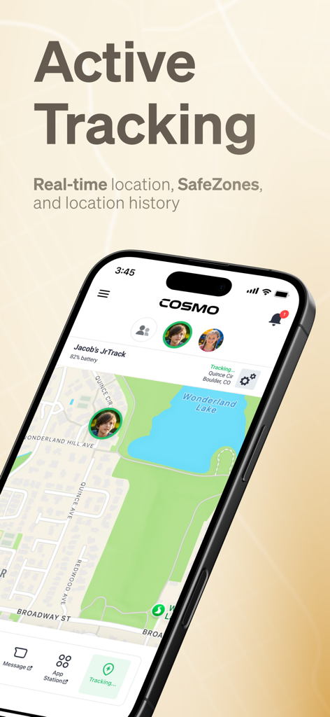 COSMO: Mission Control - Smartphone displaying the COSMO Mission Control app interface for real-time GPS tracking of a child on a map