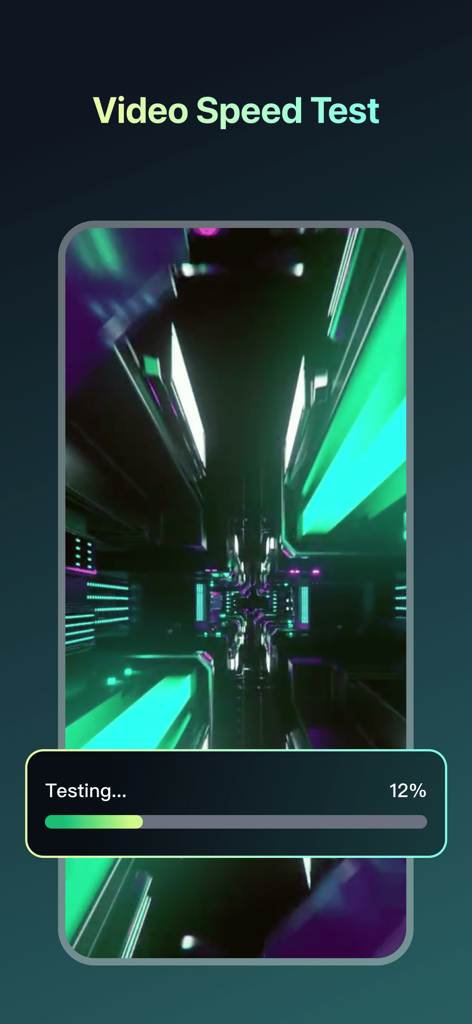 Video speed test interface showing a network diagnostic in progress with a progress bar