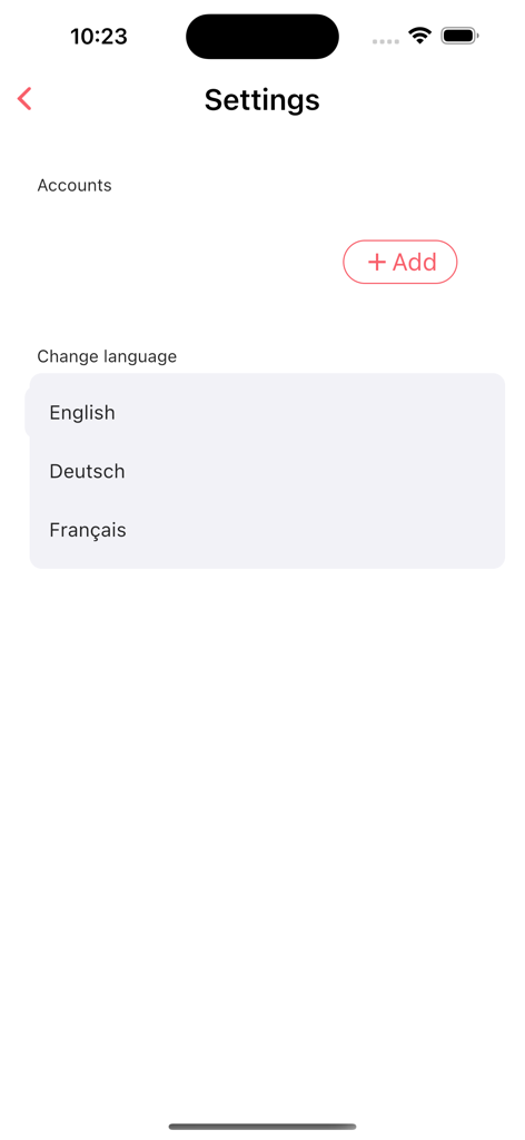 Menu de configurações do aplicativo FLARM Hub mostrando gerenciamento de conta e seleção de idioma para inglês, alemão e francês.