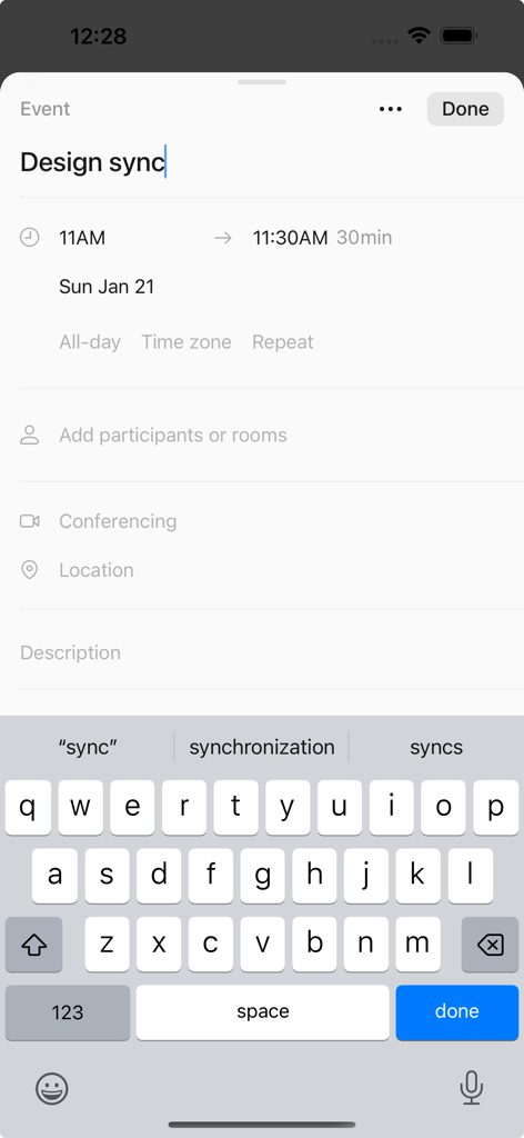 iPhone上のNotion Calendarアプリで新しいDesign syncイベントを作成しています。