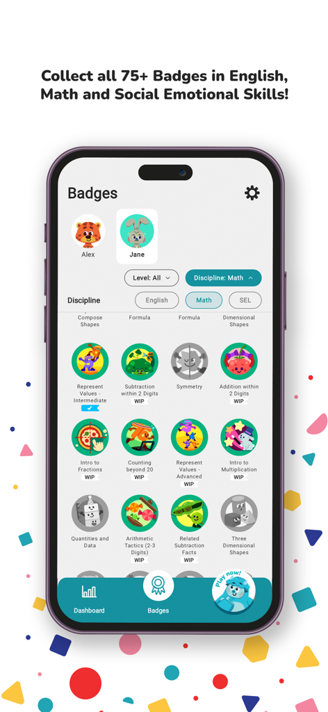 Yeti Confetti Kids - Yeti Confetti Kids app screen displaying collectible educational badges for children