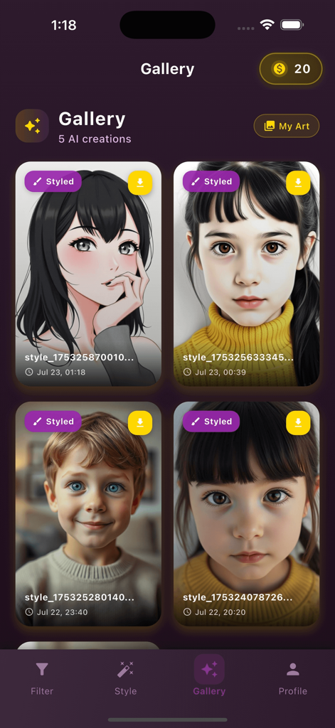 Yeko - A gallery screen of the Yeko app showing four AI-styled portraits of children and an anime-style illustration.