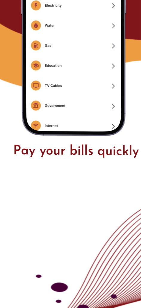 AmanaPay - Una pantalla móvil de la aplicación AmanaPay que muestra opciones para pagar facturas de servicios públicos como electricidad, agua, gas e internet.