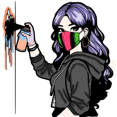 realistic girl with mask spray painting a wall