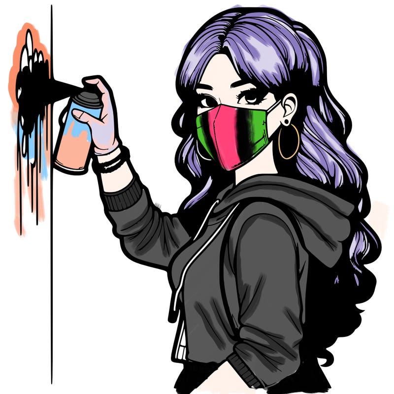 realistic girl with mask spray painting a wall