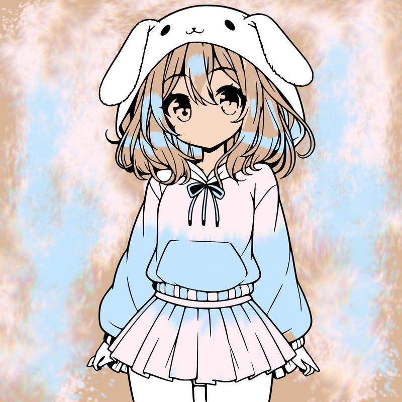 pretty anime girl wearing a fluffy hoodie with bunny ears on the hood and a skirt