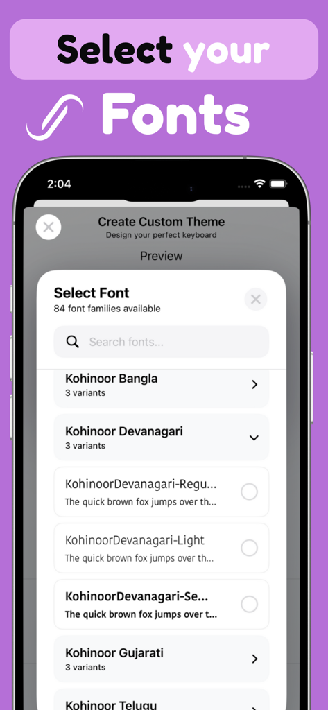 Keyboard fonts & themes - Qety - Interface of the Qety app showing a list of available font families for custom keyboard themes