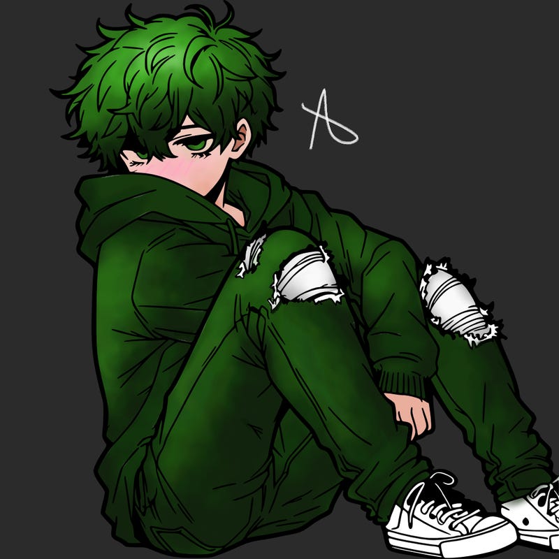 a male hoddie ripped jeans messy hair anime