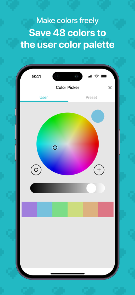 8bit Painter - Pixel Art - Interface of 8bit Painter showing the color wheel and user-defined palette for pixel art