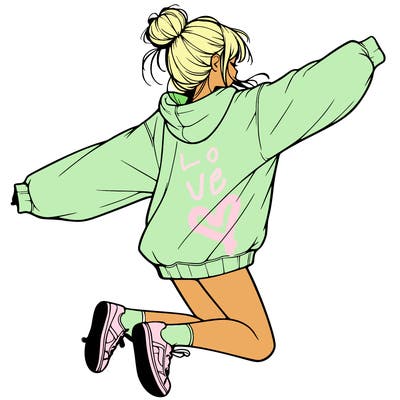 realistic girl jumping with a bun and oversized sweatshirt