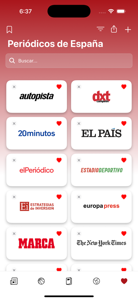 Periódicos de España - Interface do aplicativo Periódicos de España exibindo uma grade de logotipos de jornais espanhóis incluindo El Pais e Marca