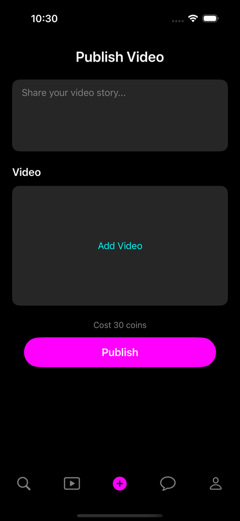 Voola - Interfaz de la aplicación Voola para publicar un video de danza con una descripción de la historia y opción de carga