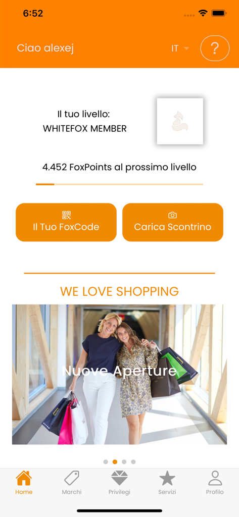 FoxPrivilege - Home screen of the FoxPrivilege app showing member loyalty points and status