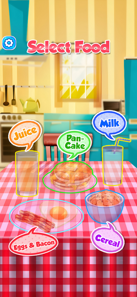 Una escena de cocina colorida en el Juego de Cocina de Desayuno que muestra una mesa con opciones para seleccionar tortitas, huevos y tocino, cereales, zumo y leche.