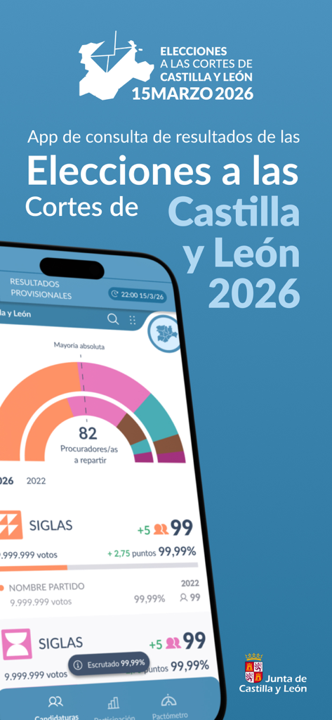 Elecciones CyL 2026 - Interfaz de la aplicación móvil para los resultados de las elecciones regionales de Castilla y León 2026.