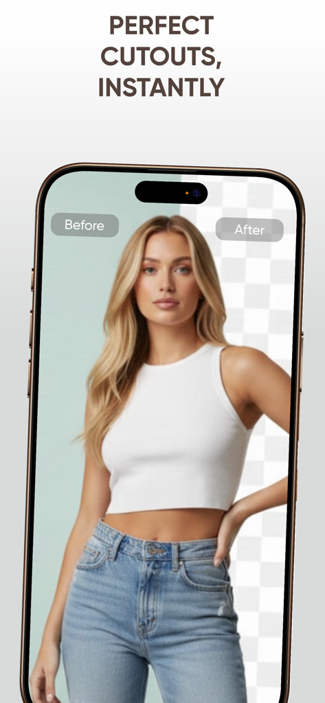 AI Photo Editor: Change Style - 完璧な切り抜きのためのインスタント背景削除を示すAI写真編集アプリのインターフェース。