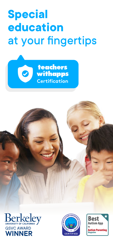 Otsimo | School and Classroom - A teacher and children smiling while using an educational tool surrounded by special education awards and certifications