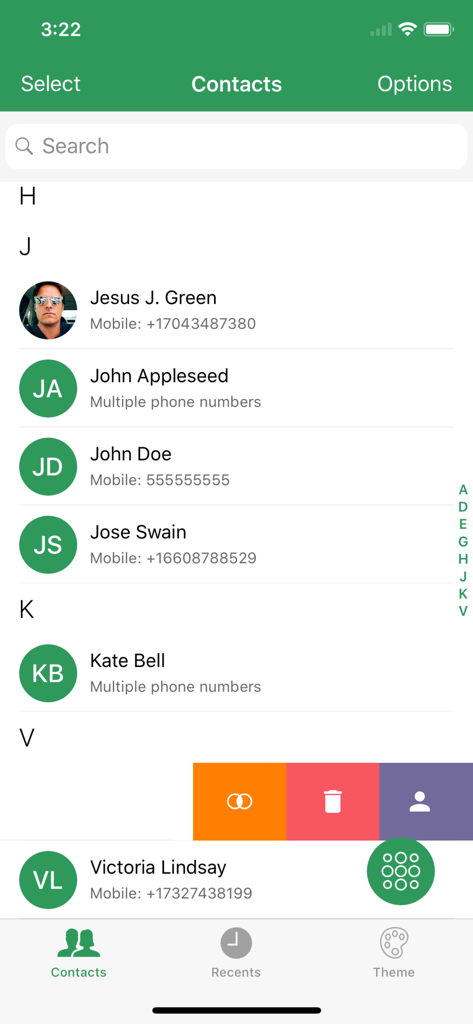 T9 Dialer PRO - T9 Dialer PRO contact list screen showing swipe actions for merging and deleting contacts