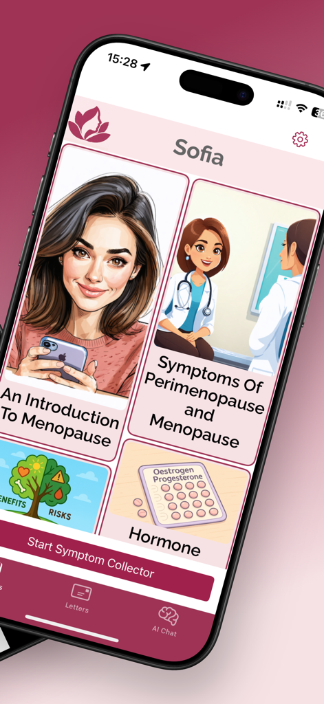 Sofia AI app home screen displaying menopause educational articles and a symptom collector button