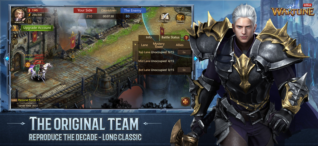 Wartune Ultra - Promotional banner for Wartune Ultra featuring a male warrior in dark spiked armor and a tactical gameplay screen of a fantasy city.