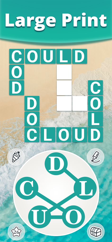 Vita Kreuzworträtsel-Spieloberfläche mit groß gedruckten Buchstabenfeldern und einem Wortsuchrad über einem Strand-Hintergrund