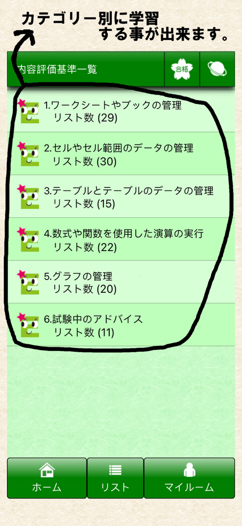 MOS エクセル365一般対策 - Categorías de estudio del examen MOS Excel 365 en japonés con resaltados visuales dibujados a mano
