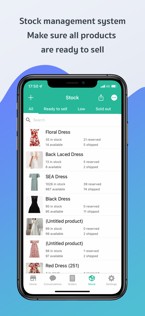 Page365 mobile app stock management interface displaying inventory levels for clothing products