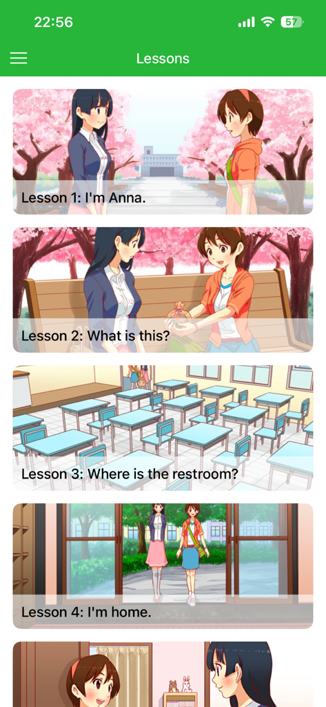 HelloJapanese - Eine Liste japanischer Sprachlektionen in der HelloJapanese App mit Illustrationen im Anime-Stil.