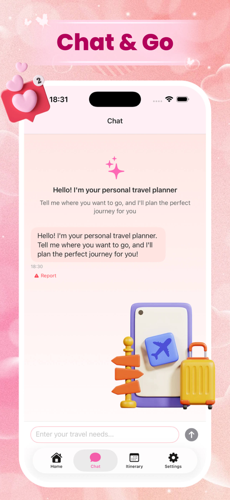 Funce - A screenshot of the Funce app chat screen showing an AI travel assistant with a pink theme