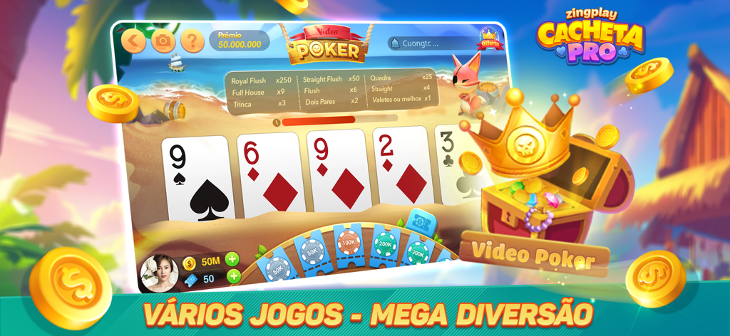 Cacheta ZingPlay – Pife Online - Screenshot of Video Poker mini game in Cacheta ZingPlay with a tropical beach theme and treasure chest