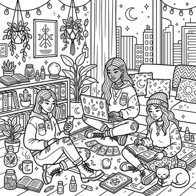 Discover an enchanting scene featuring three modern witches blending ancient practices with contemporary life. This detailed coloring page offers a unique glimpse into their mystical, urban world.
