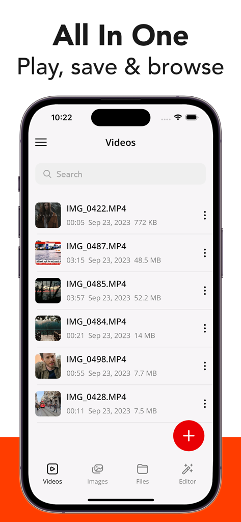 Video Saver - Video Downloader - Video Saver app interface showing a list of saved videos with thumbnails and file information