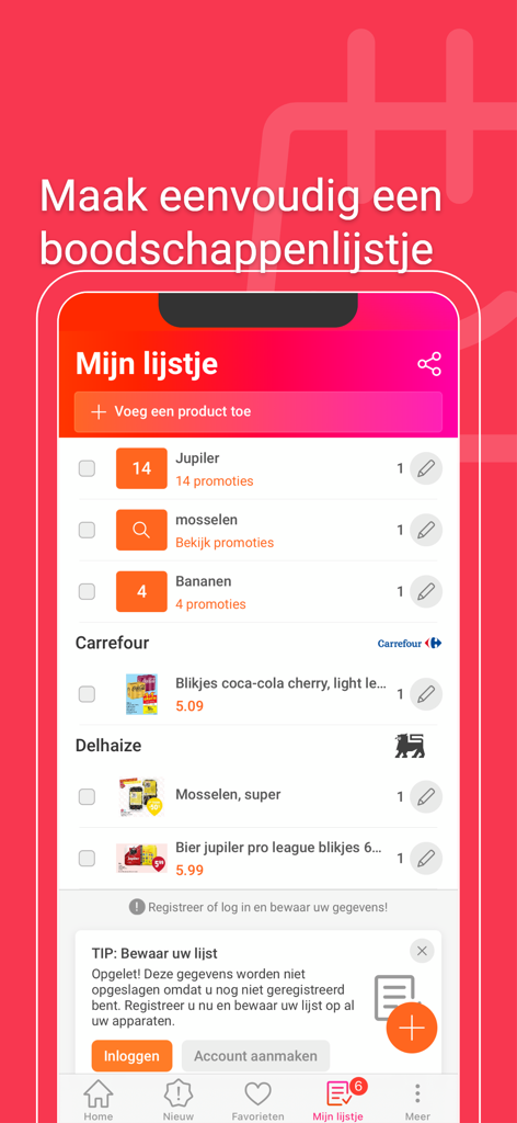 Promotiez App-Oberfläche, die eine digitale Einkaufsliste mit kategorisierten Lebensmitteln und Ladenaktionen anzeigt