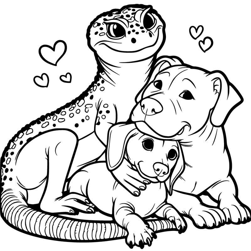 a leopard gecko dachshund and pitbull cuddling