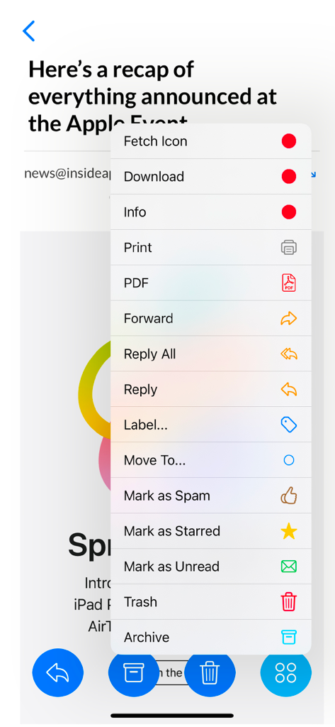 Mail App for Outlook - Email action menu in Mail App for Outlook showing options to reply, label, move, and archive messages