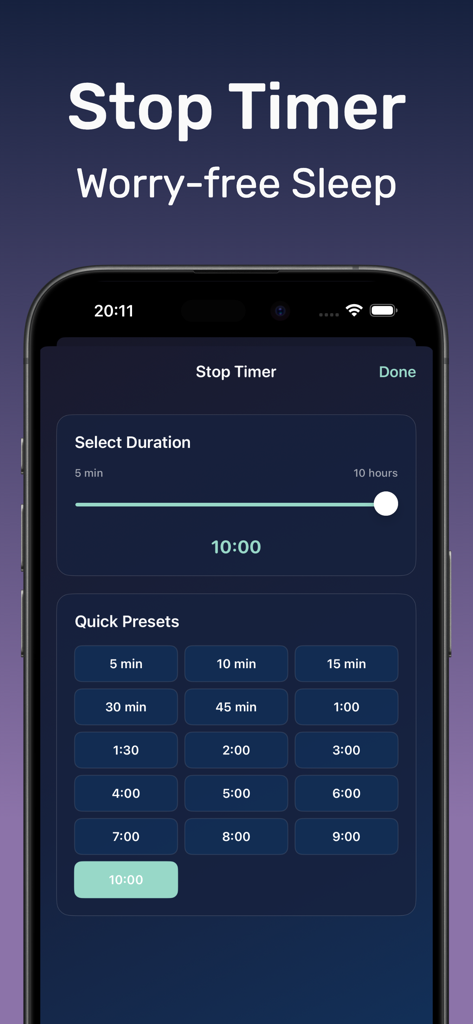 DRMN 앱의 수면 타이머 화면으로, 사용자 정의 기간 슬라이더 및 걱정 없는 수면을 위한 빠른 시간 사전 설정 표시