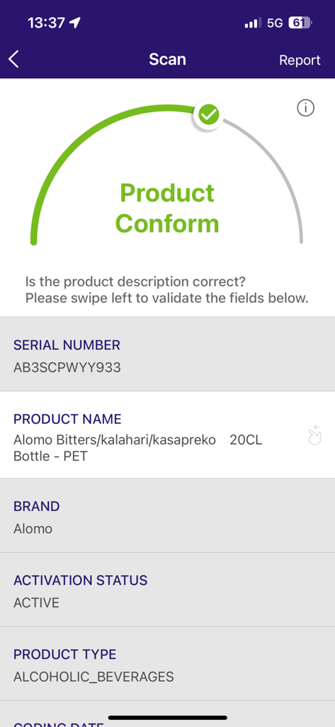 Mobile app scan result confirming product authenticity and displaying serial number and brand details