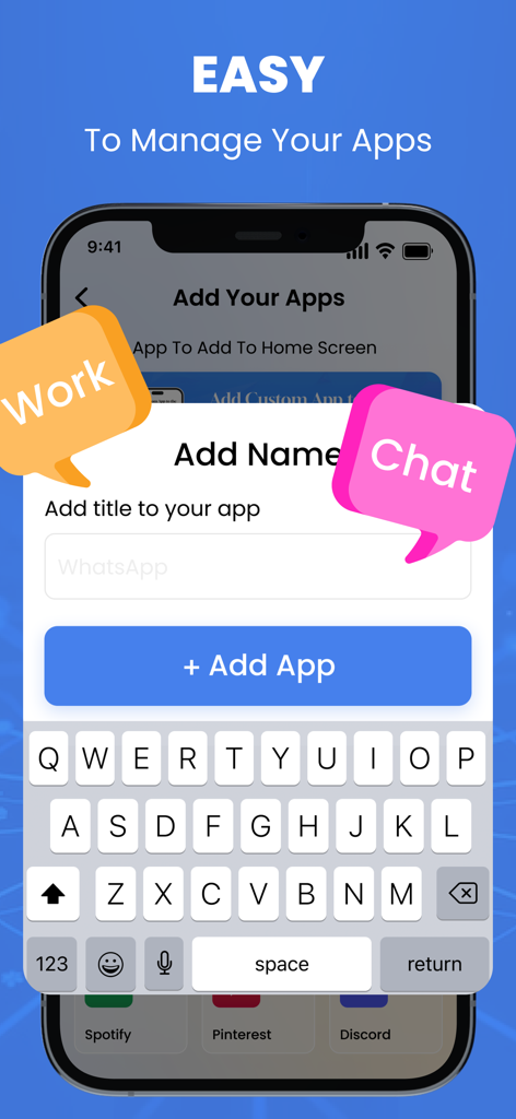 Écran de l'application Dual Space Lite montrant l'interface pour ajouter et nommer une application clonée avec des étiquettes de travail et de chat