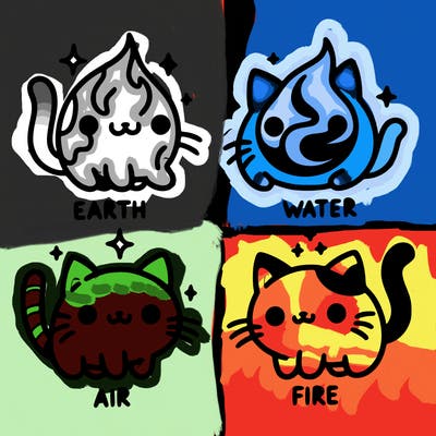 4 cats that represent the different elements, earth, water, air, and fire