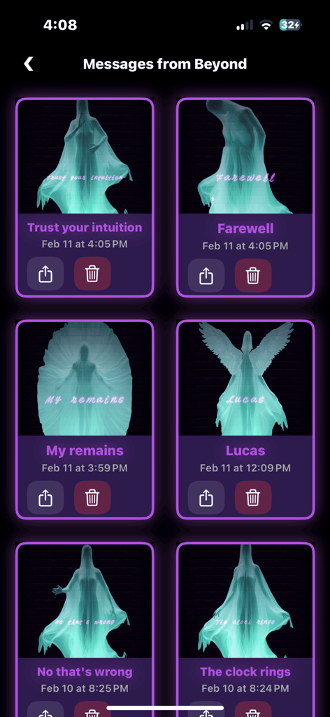 Spirit Entities Talker - A gallery of past ghost communication messages with spectral silhouettes and words from spirits in the Spirit Entities Talker app.