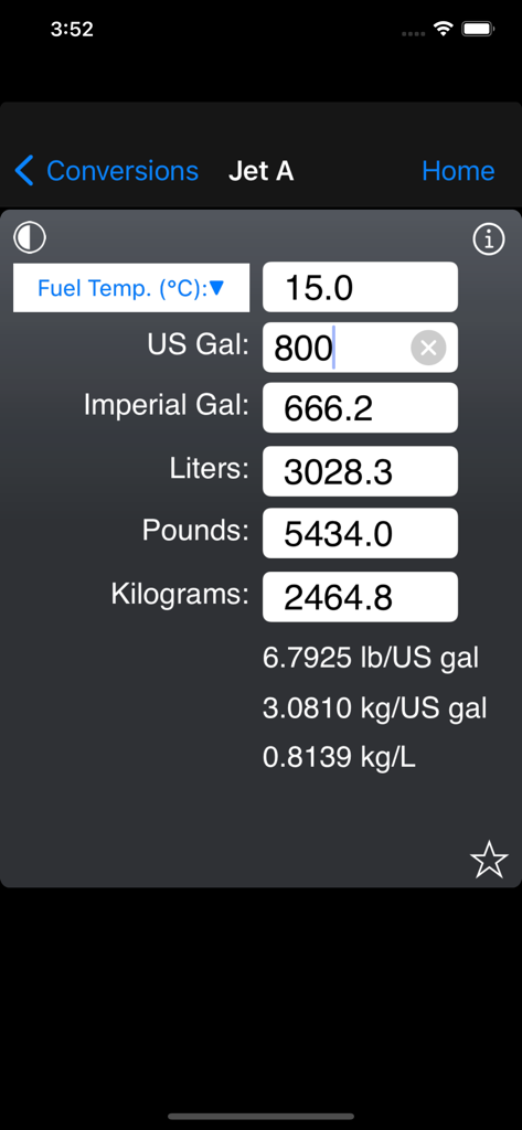 FlyBy E6B app interface showing Jet A fuel volume and weight conversion screen
