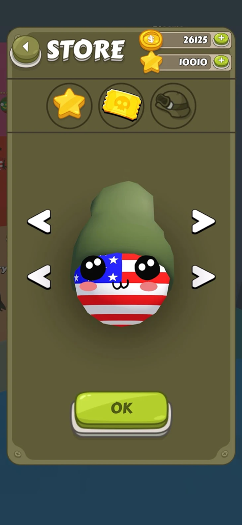 Pantalla de tienda en Country balls Idle War 3D con un personaje countryball de EE. UU. personalizable con un sombrero verde