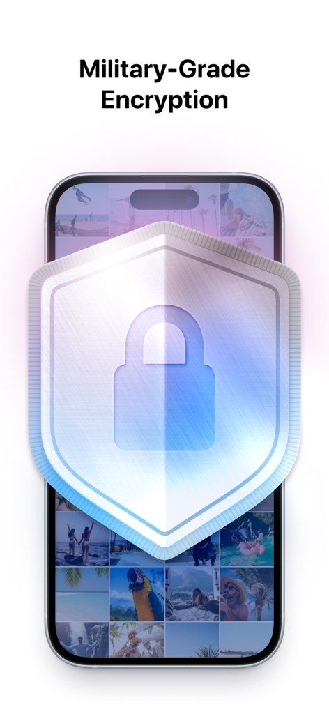 Smartphone showing a secure photo gallery with a large shield and lock icon for military grade encryption.