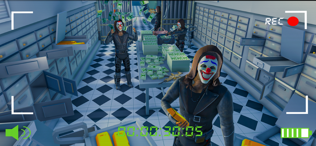 Game characters in clown masks performing a bank heist inside a vault