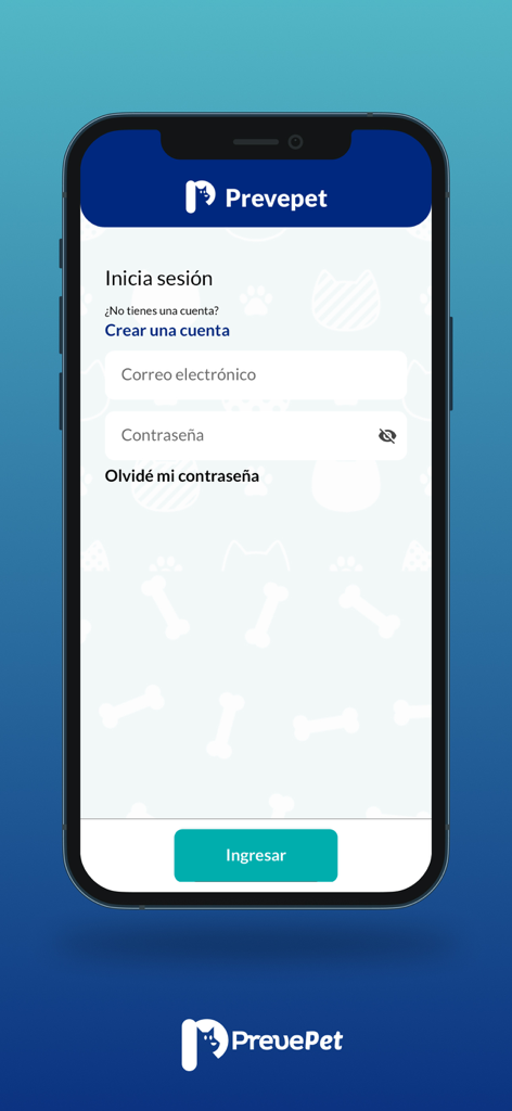 Prevepet - Prevepet App-Anmeldebildschirm mit E-Mail- und Passwortfeldern auf Spanisch