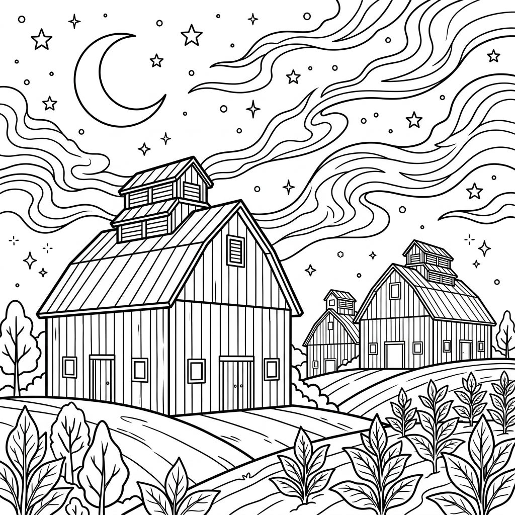 Tobacco Barns at Night Coloring Page - Moonlit Farm Scene