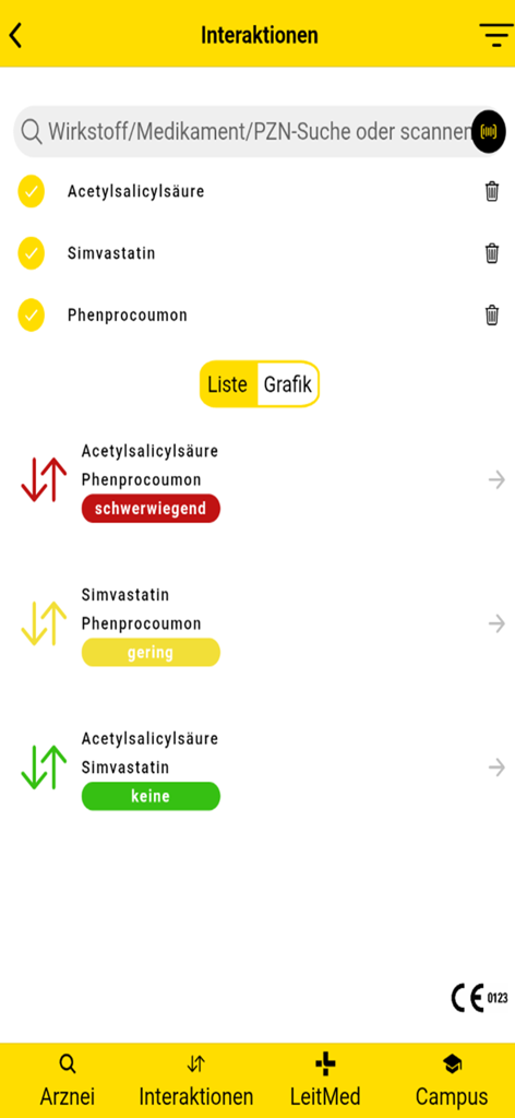 Interface of the Gelbe Liste Pharmindex app showing drug interaction analysis with severity levels for various medications