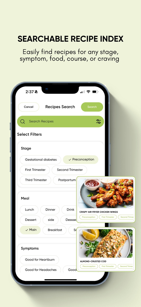 The Prenatal Nutrition Library - Searchable recipe index in the prenatal nutrition library app showing filters for pregnancy stages and meal types