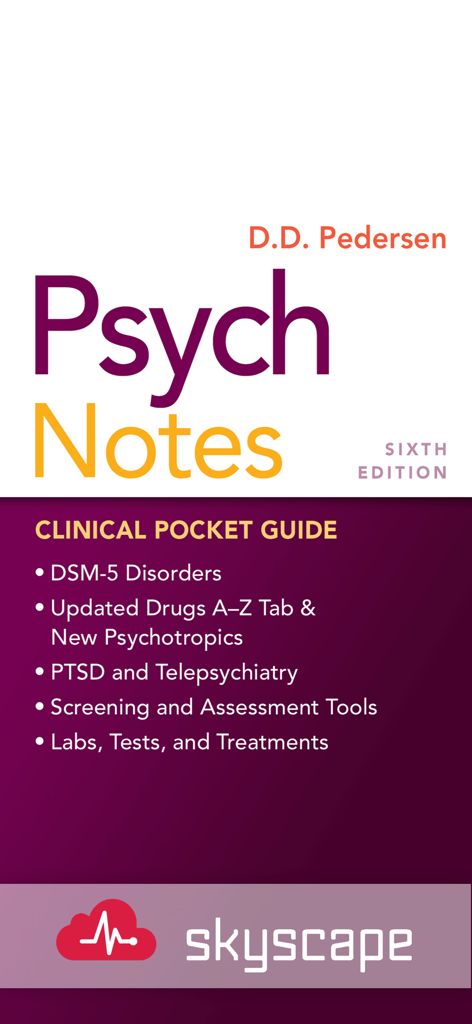 PsychNotes: Clinical Pkt Guide - Cover of PsychNotes Clinical Pocket Guide Sixth Edition mobile app showing medical features like DSM-5 disorders and drug updates