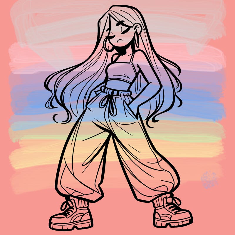girl in baggy pants crop top and long hair